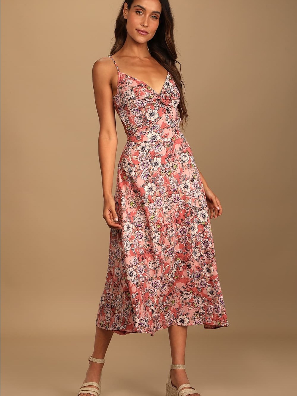 Lulus Ties With You Rose Pink Floral Print Tie-Back Midi Dress